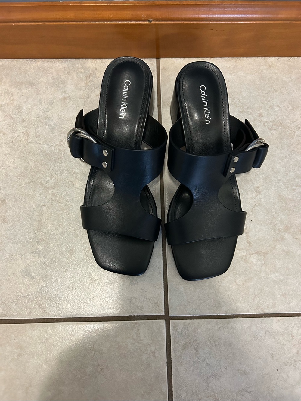 Calvin Klein Black Leather Buckle Slide Mules